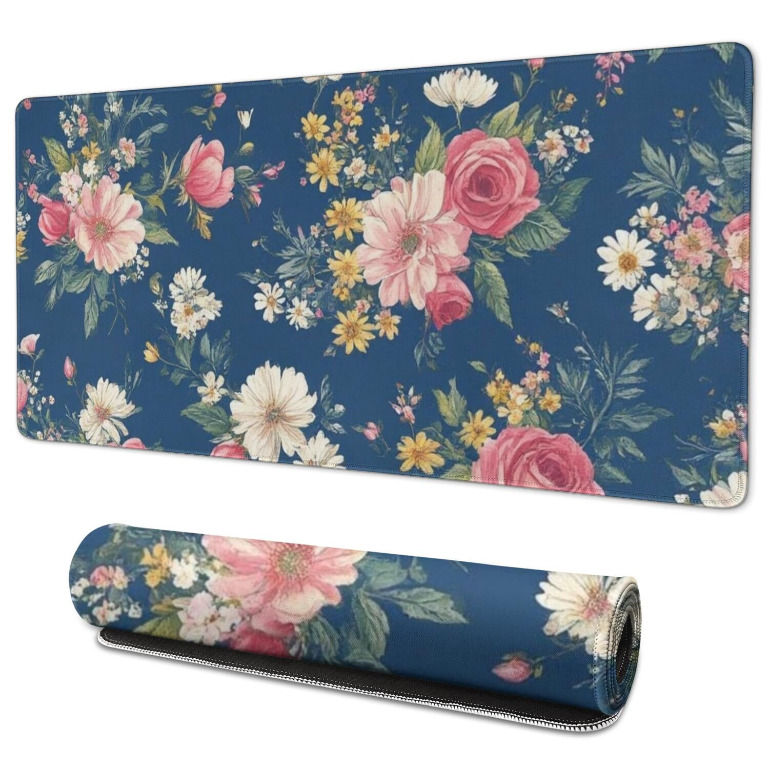Long Mouse Pads for Desk,Pioneer Flower Floral Print Pattern Desk Mats on Top Of Desks, Desk Mouse Pad Extra Large with 3mm Non-Slip Base and Stitched Edge for Gaming,Office,Work,Home 35.4"x15.7"