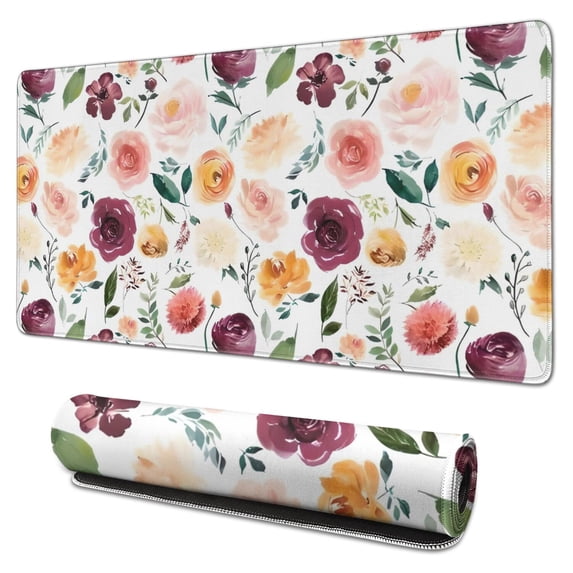 Long Mouse Pads for Desk,Pioneer Flower Floral Print Pattern Desk Mats on Top Of Desks, Desk Mouse Pad Extra Large with 3mm Non-Slip Base and Stitched Edge for Gaming,Office,Work,Home 31.5"x15.7"