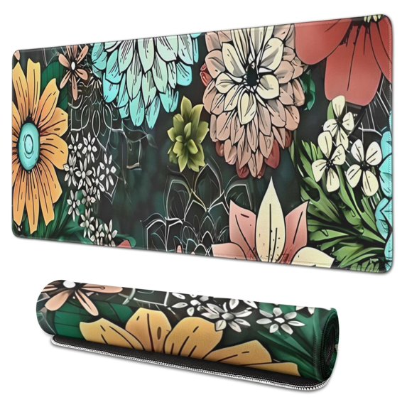 Long Mouse Pads for Desk,Pioneer Flower Floral Print Pattern Desk Mats on Top Of Desks, Desk Mouse Pad Extra Large with 3mm Non-Slip Base and Stitched Edge for Gaming,Office,Work,Home 31.5"x15.7"
