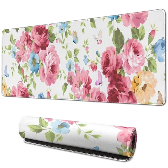Long Mouse Pads for Desk,Pioneer Flower Floral Print Pattern Desk Mats on Top Of Desks, Desk Mouse Pad Extra Large with 3mm Non-Slip Base and Stitched Edge for Gaming,Office,Work,Home 31.5"x11.8"