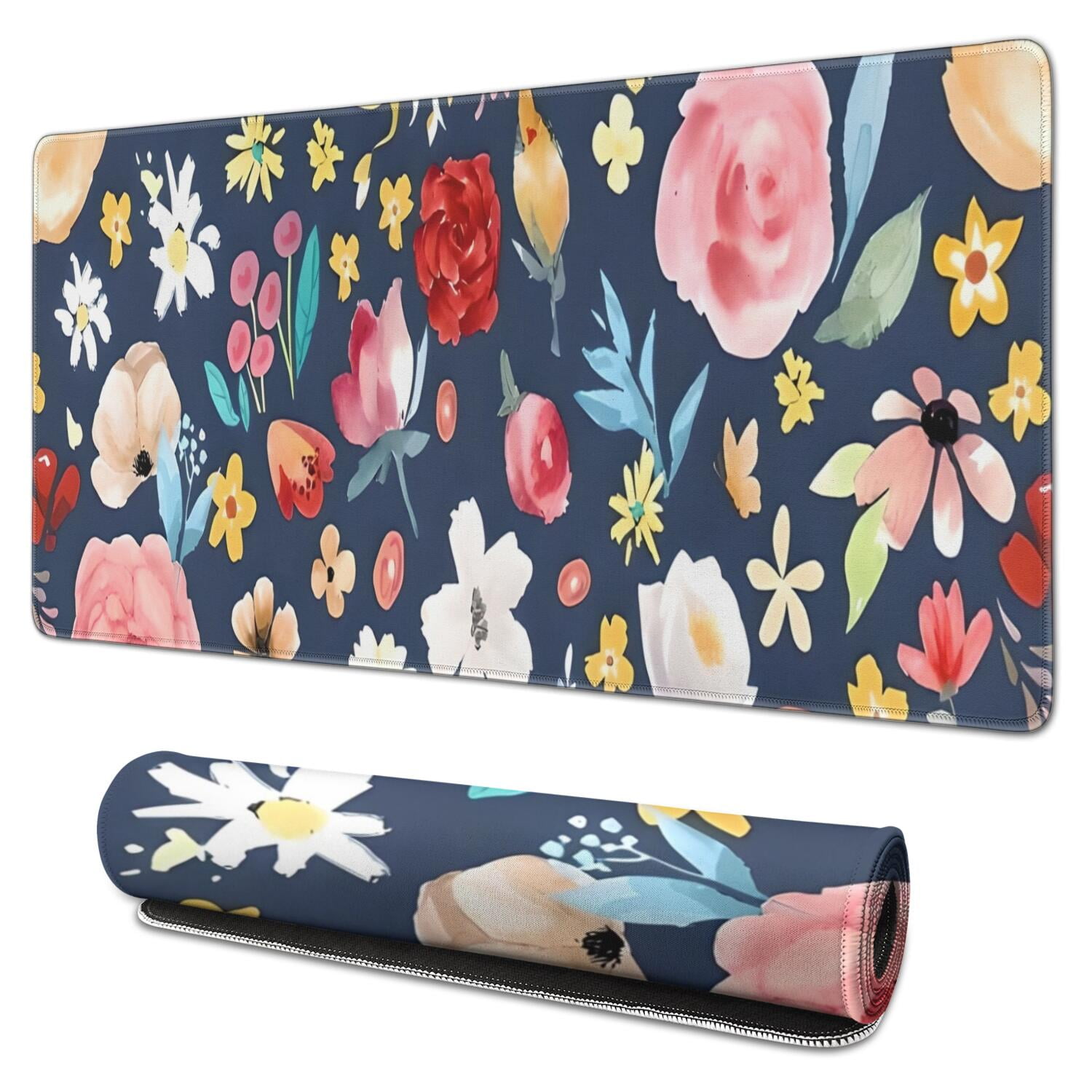 Long Mouse Pads for Desk,Pioneer Flower Floral Print Pattern Desk Mats on Top Of Desks, Desk Mouse Pad Extra Large with 3mm Non-Slip Base and Stitched Edge for Gaming,Office,Work,Home 31.5"x15.7"