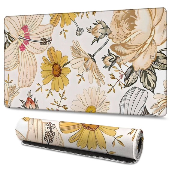 Long Mouse Pads for Desk,Pioneer Flower Floral Print Pattern Desk Mats on Top Of Desks, Desk Mouse Pad Extra Large with 3mm Non-Slip Base and Stitched Edge for Gaming,Office,Work,Home 47.3"x23.6"