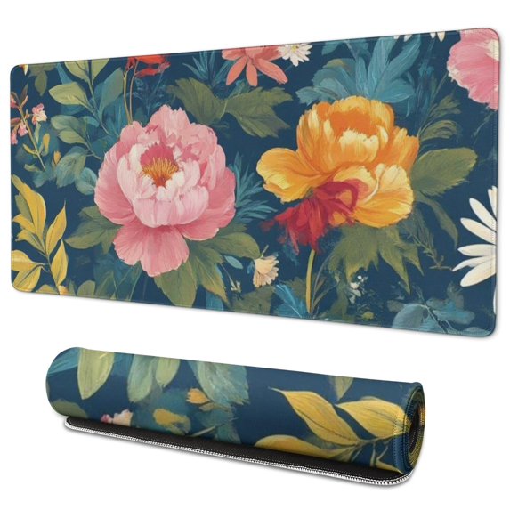 Long Mouse Pads for Desk,Pioneer Flower Floral Print Pattern Desk Mats on Top Of Desks, Desk Mouse Pad Extra Large with 3mm Non-Slip Base and Stitched Edge for Gaming,Office,Work,Home 35.4"x15.7"