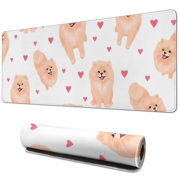 Long Mouse Pads for Desk,Pomeranian Dogs with Hearts Desk Mats on Top Of Desks, Desk Mouse Pad Extra Large with 3mm Non-Slip Base and Stitched Edge for Gaming,Office,Work,Home 31.5"x11.8"