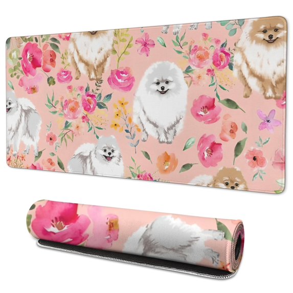 Long Mouse Pads for Desk,Pomeranian Dogs and Pioneer Flower Desk Mats on Top Of Desks, Desk Mouse Pad Extra Large with 3mm Non-Slip Base and Stitched Edge for Gaming,Office,Work,Home 35.4"x15.7"