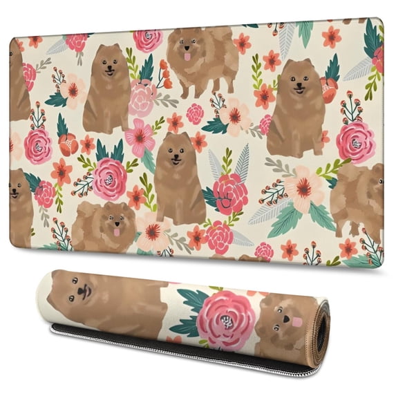 Long Mouse Pads for Desk,Pomeranian Dogs and Pioneer Flower Desk Mats on Top Of Desks, Desk Mouse Pad Extra Large with 3mm Non-Slip Base and Stitched Edge for Gaming,Office,Work,Home 47.3"x23.6"