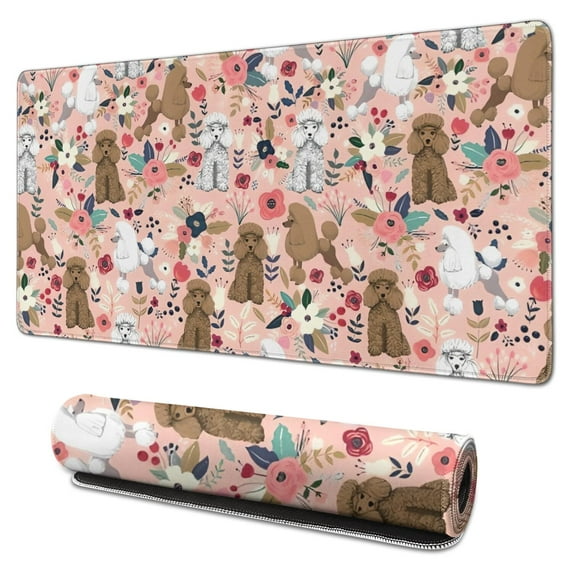 Long Mouse Pads for Desk,Poodle Dog and Flower Floral Desk Mats on Top Of Desks, Desk Mouse Pad Extra Large with 3mm Non-Slip Base and Stitched Edge for Gaming,Office,Work,Home 31.5"x15.7"