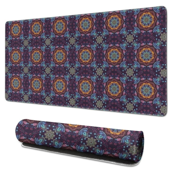 Long Mouse Pads for Desk,Purple Circular Floral Pattern Desk Mats on Top Of Desks, Desk Mouse Pad Extra Large with 3mm Non-Slip Base and Stitched Edge for Gaming,Office,Work,Home 31.5"x15.7"