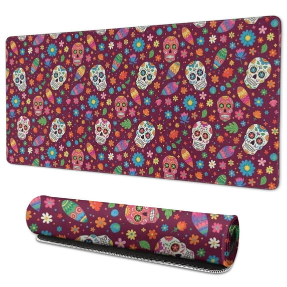 Long Mouse Pads for Desk,Purple Colorful Skull Flower Pattern Desk Mats on Top Of Desks, Desk Mouse Pad Extra Large with 3mm Non-Slip Base and Stitched Edge for Gaming,Office,Work,Home 35.4"x15.7"