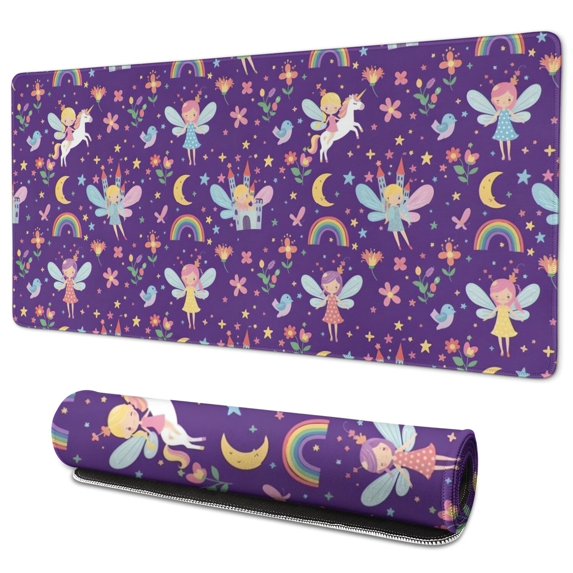 Long Mouse Pads for Desk,Purple Fairy Unicorn Pattern Desk Mats on Top Of Desks, Desk Mouse Pad Extra Large with 3mm Non-Slip Base and Stitched Edge for Gaming,Office,Work,Home 35.4"x15.7"