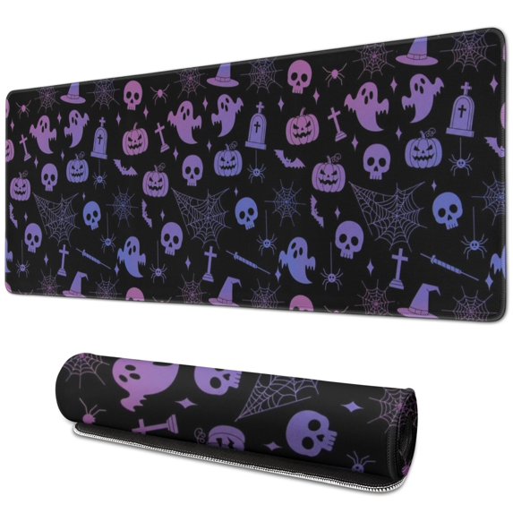 Long Mouse Pads for Desk,Purple Halloween Ghost Pumpkin Skull Desk Mats on Top Of Desks, Desk Mouse Pad Extra Large with 3mm Non-Slip Base and Stitched Edge for Gaming,Work,Home 31.5"x11.8"