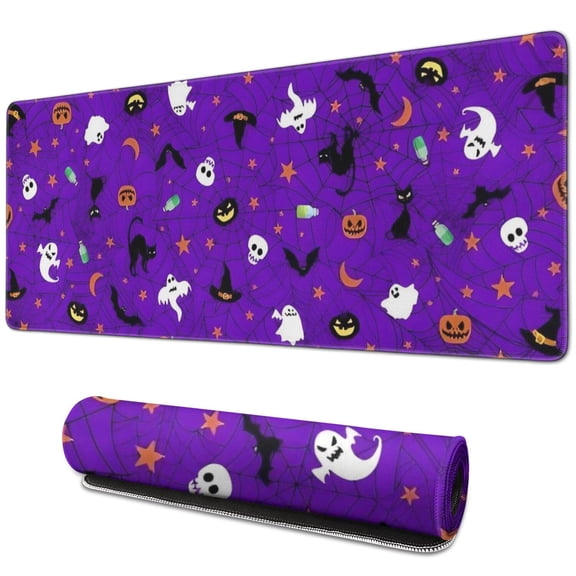 Long Mouse Pads for Desk,Purple Halloween Pattern Desk Mats on Top Of Desks, Desk Mouse Pad Extra Large with 3mm Non-Slip Base and Stitched Edge for Gaming,Office,Work,Home 31.5x11.8in