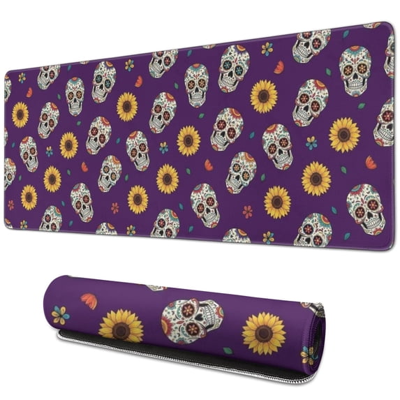 Long Mouse Pads for Desk,Purple Skull Sunflower Pattern Desk Mats on Top Of Desks, Desk Mouse Pad Extra Large with 3mm Non-Slip Base and Stitched Edge for Gaming,Office,Work,Home 31.5"x11.8"