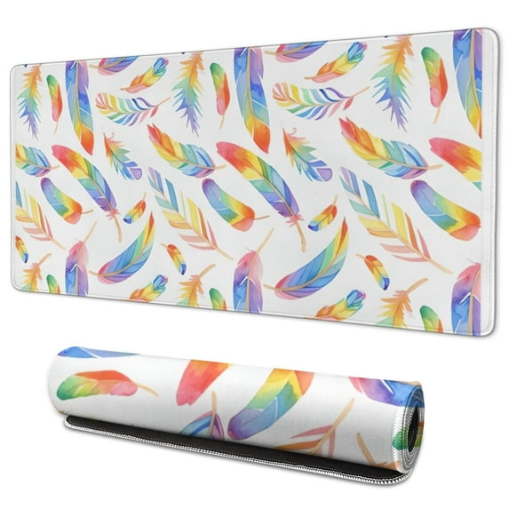 Long Mouse Pads for Desk,Rainbow Watercolor Feather Pattern Desk Mats on Top Of Desks, Desk Mouse Pad Extra Large with 3mm Non-Slip Base and Stitched Edge for Gaming,Office,Work,Home 35.4"x15.7"
