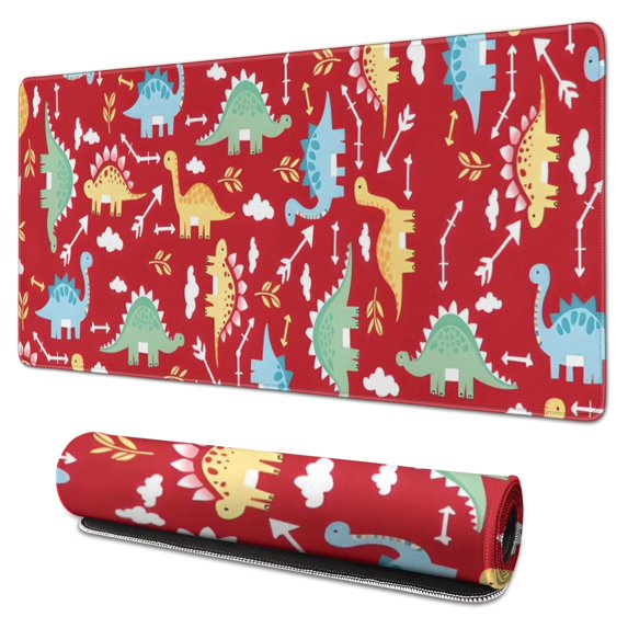 Long Mouse Pads for Desk,Red Cartoon Dinosaurs Arrows Pattern Desk Mats on Top Of Desks, Desk Mouse Pad Extra Large with 3mm Non-Slip Base and Stitched Edge for Gaming,Office,Work,Home 31.5"x15.7"