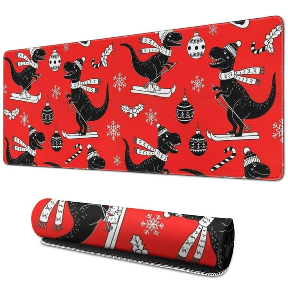 Long Mouse Pads for Desk,Red Cartoon Dinosaurs Skiing Pattern Desk Mats on Top Of Desks, Desk Mouse Pad Extra Large with 3mm Non-Slip Base and Stitched Edge for Gaming,Office,Work,Home 31.5"x11.8"