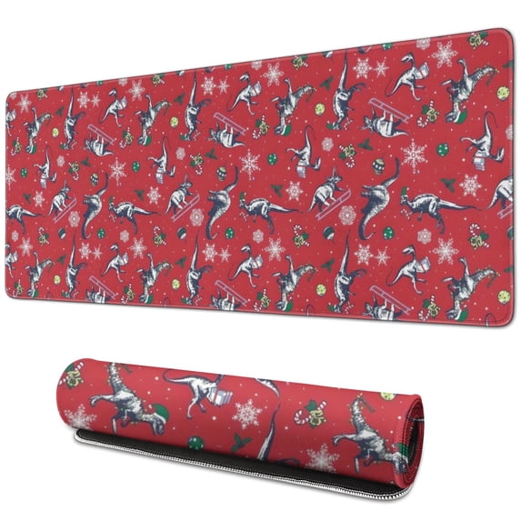 Long Mouse Pads for Desk,Red Cartoon Dinosaurs Snowflakes Pattern Desk Mats on Top Of Desks, Desk Mouse Pad Extra Large with 3mm Non-Slip Base and Stitched Edge for Gaming,Office,Work,Home 31.5"x11.8"