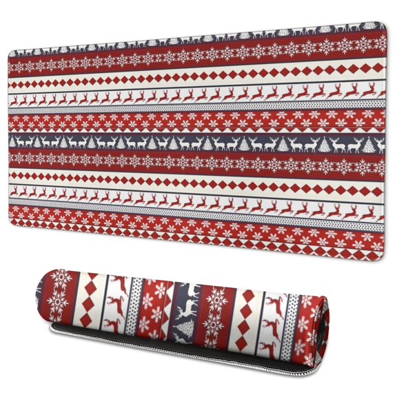 Long Mouse Pads for Desk,Red Christmas Deer and Snowflake Pattern Desk Mats on Top Of Desks, Desk Mouse Pad Extra Large with 3mm Non-Slip Base and Stitched Edge for Gaming,Office,Work,Home 35.4x15.7in