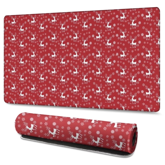 Long Mouse Pads for Desk,Red Christmas Deer and Snowflake Pattern Desk Mats on Top Of Desks, Desk Mouse Pad Extra Large with 3mm Non-Slip Base and Stitched Edge for Gaming,Office,Work,Home 47.3x23.6in