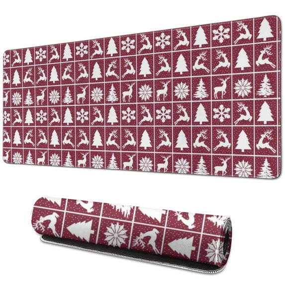 Long Mouse Pads for Desk,Red Christmas Deer and Tree Pattern Desk Mats on Top Of Desks, Desk Mouse Pad Extra Large with 3mm Non-Slip Base and Stitched Edge for Gaming,Office,Work,Home 31.5x11.8in