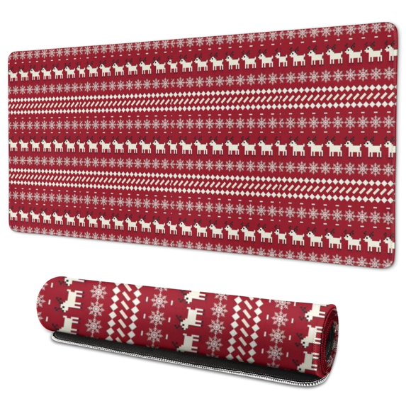 Long Mouse Pads for Desk,Red Christmas Folk Pattern Desk Mats on Top Of Desks, Desk Mouse Pad Extra Large with 3mm Non-Slip Base and Stitched Edge for Gaming,Office,Work,Home 35.4x15.7in