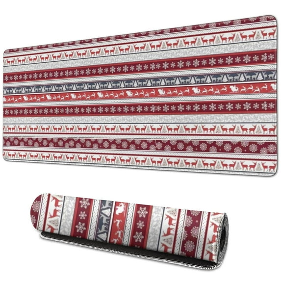 Long Mouse Pads for Desk,Red Christmas Folk Pattern Desk Mats on Top Of Desks, Desk Mouse Pad Extra Large with 3mm Non-Slip Base and Stitched Edge for Gaming,Office,Work,Home 31.5x11.8in
