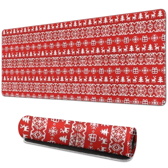 Long Mouse Pads for Desk,Red Christmas Folk Pattern Desk Mats on Top Of Desks, Desk Mouse Pad Extra Large with 3mm Non-Slip Base and Stitched Edge for Gaming,Office,Work,Home 31.5x11.8in