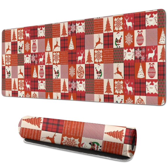 Long Mouse Pads for Desk,Red Christmas Patchwork Pattern Desk Mats on Top Of Desks, Desk Mouse Pad Extra Large with 3mm Non-Slip Base and Stitched Edge for Gaming,Office,Work,Home 31.5x11.8in
