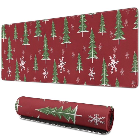Long Mouse Pads for Desk,Red Christmas Tree and Snowflake Pattern Desk Mats on Top Of Desks, Desk Mouse Pad Extra Large with 3mm Non-Slip Base and Stitched Edge for Gaming,Office,Work,Home 31.5x11.8in