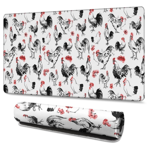 Long Mouse Pads for Desk,Red Flower Chicken Pattern Desk Mats on Top Of Desks, Desk Mouse Pad Extra Large with 3mm Non-Slip Base and Stitched Edge for Gaming,Office,Work,Home 47.3x23.6in