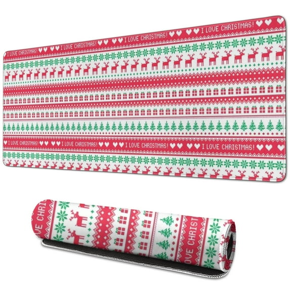 Long Mouse Pads for Desk,Red and Green Christmas Pattern Desk Mats on Top Of Desks, Desk Mouse Pad Extra Large with 3mm Non-Slip Base and Stitched Edge for Gaming,Office,Work,Home 31.5x11.8in