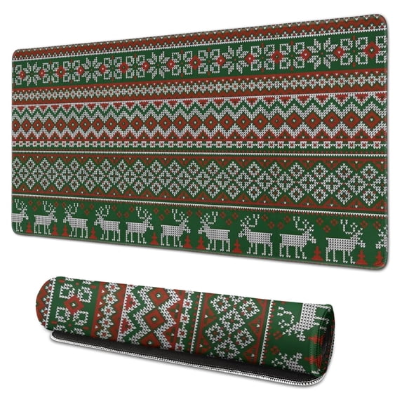 Long Mouse Pads for Desk,Red and Green Christmas Reindeer Pattern Desk Mats on Top Of Desks, Desk Mouse Pad Extra Large with 3mm Non-Slip Base and Stitched Edge for Gaming,Office,Work,Home 31.5x15.7in
