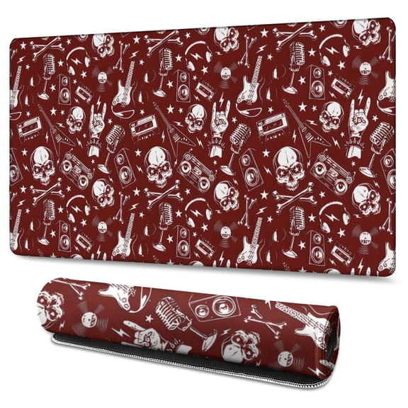 Long Mouse Pads for Desk,Red Skull Guitar Music Pattern Desk Mats on Top Of Desks, Desk Mouse Pad Extra Large with 3mm Non-Slip Base and Stitched Edge for Gaming,Office,Work,Home 47.3"x23.6"