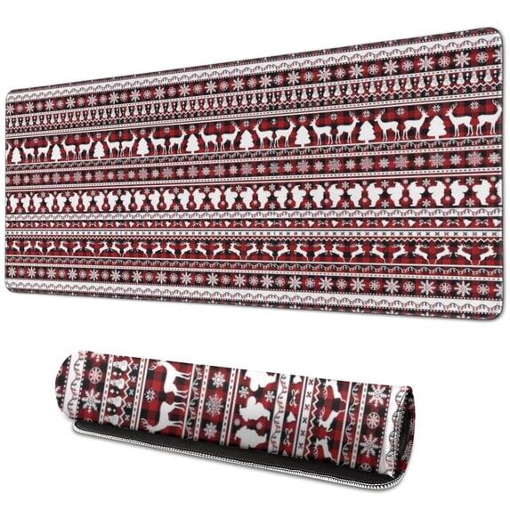 Long Mouse Pads for Desk,Red and White Christmas Folk Pattern Desk Mats on Top Of Desks, Desk Mouse Pad Extra Large with 3mm Non-Slip Base and Stitched Edge for Gaming,Office,Work,Home 31.5x11.8in