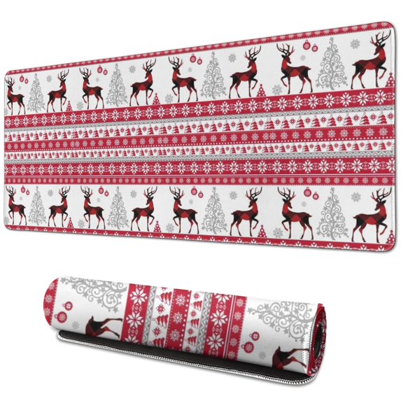 Long Mouse Pads for Desk,Red and White Christmas Reindeer Pattern Desk Mats on Top Of Desks, Desk Mouse Pad Extra Large with 3mm Non-Slip Base and Stitched Edge for Gaming,Office,Work,Home 31.5x11.8in