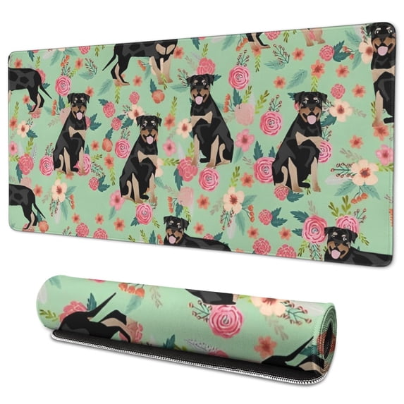 Long Mouse Pads for Desk,Rottweiler with Pioneer Flower Desk Mats on Top Of Desks, Desk Mouse Pad Extra Large with 3mm Non-Slip Base and Stitched Edge for Gaming,Office,Work,Home 35.4"x15.7"