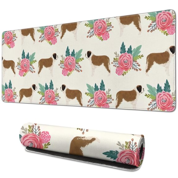 Long Mouse Pads for Desk,Saint Bernard Dog Breed and Flower Floral Desk Mats on Top Of Desks, Desk Mouse Pad Extra Large with 3mm Non-Slip Base and Stitched Edge for Gaming,Work,Home 31.5"x11.8"