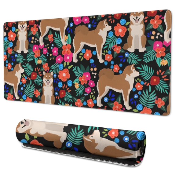 Long Mouse Pads for Desk,Shiba Inu Dog and Flower Floral Desk Mats on Top Of Desks, Desk Mouse Pad Extra Large with 3mm Non-Slip Base and Stitched Edge for Gaming,Office,Work,Home 35.4"x15.7"