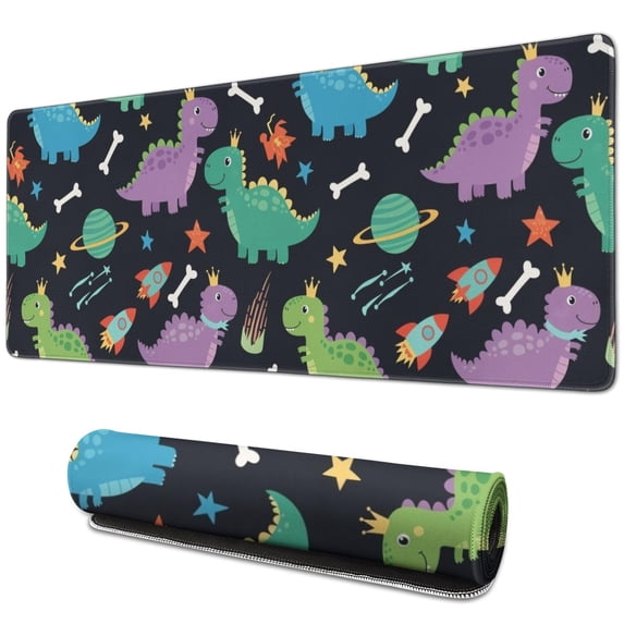 Long Mouse Pads for Desk,Space Dinosaur with Crown Pattern Desk Mats on Top Of Desks, Desk Mouse Pad Extra Large with 3mm Non-Slip Base and Stitched Edge for Gaming,Office,Work,Home 31.5"x11.8"