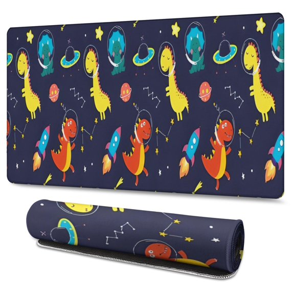 Long Mouse Pads for Desk,Space Dinosaurs Rockets Pattern Desk Mats on Top Of Desks, Desk Mouse Pad Extra Large with 3mm Non-Slip Base and Stitched Edge for Gaming,Office,Work,Home 47.3"x23.6"