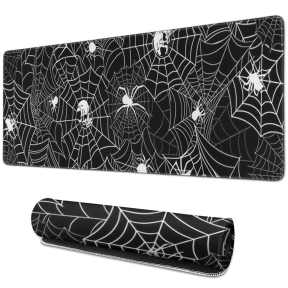 Long Mouse Pads for Desk,Spider Web and Skulls Halloween Pattern Desk Mats on Top Of Desks, Desk Mouse Pad Extra Large with 3mm Non-Slip Base and Stitched Edge for Gaming,Office,Work,Home 31.5x11.8in