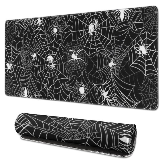 Long Mouse Pads for Desk,Spider Web and Skulls Halloween Pattern Desk Mats on Top Of Desks, Desk Mouse Pad Extra Large with 3mm Non-Slip Base and Stitched Edge for Gaming,Office,Work,Home 31.5x15.7in