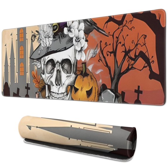 Long Mouse Pads for Desk,Spooky Halloween Scene Pattern Desk Mats on Top Of Desks, Desk Mouse Pad Extra Large with 3mm Non-Slip Base and Stitched Edge for Gaming,Office,Work,Home 31.5x11.8in