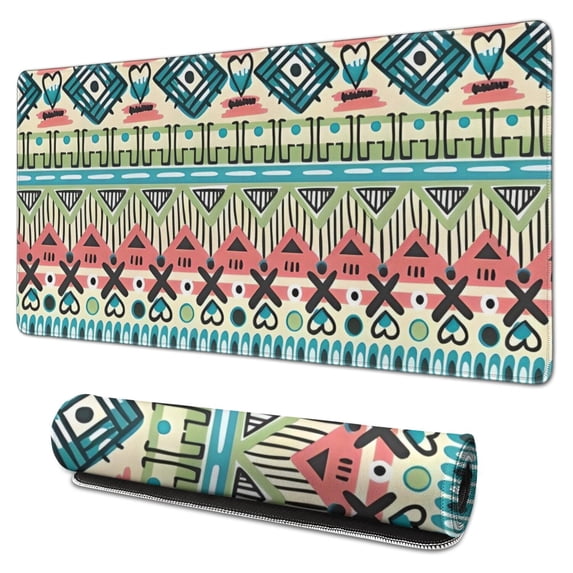 Long Mouse Pads for Desk,Teal and Orange Geometric Boho Pattern Desk Mats on Top Of Desks, Desk Mouse Pad Extra Large with 3mm Non-Slip Base and Stitched Edge for Gaming,Office,Work,Home 31.5"x15.7"