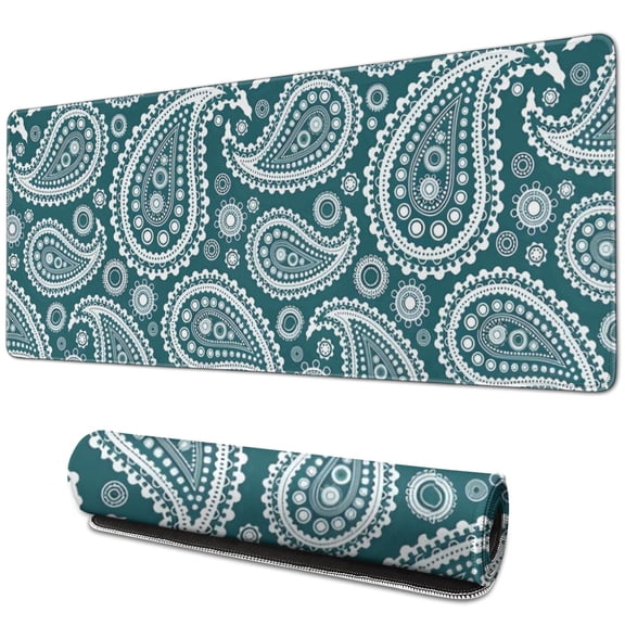 Long Mouse Pads for Desk,Teal Paisley Pattern Desk Mats on Top Of Desks, Desk Mouse Pad Extra Large with 3mm Non-Slip Base and Stitched Edge for Gaming,Office,Work,Home 31.5"x11.8"