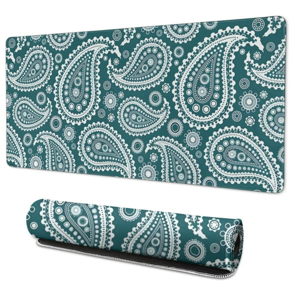 Long Mouse Pads for Desk,Teal Paisley Pattern Desk Mats on Top Of Desks, Desk Mouse Pad Extra Large with 3mm Non-Slip Base and Stitched Edge for Gaming,Office,Work,Home 35.4"x15.7"