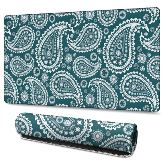 Long Mouse Pads for Desk,Teal Paisley Pattern Desk Mats on Top Of Desks, Desk Mouse Pad Extra Large with 3mm Non-Slip Base and Stitched Edge for Gaming,Office,Work,Home 47.3"x23.6"