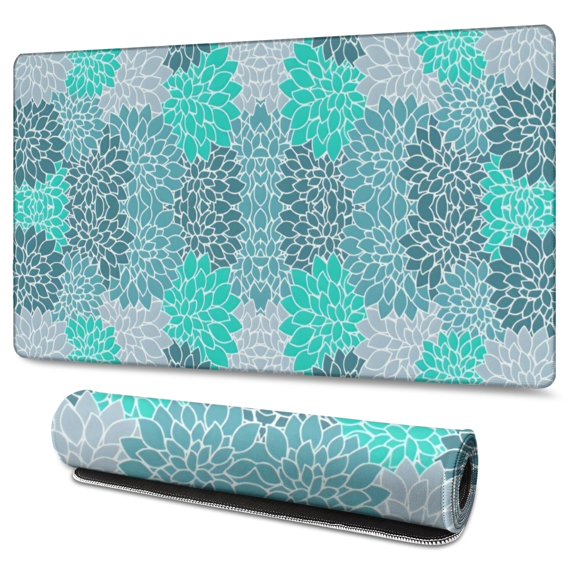 Long Mouse Pads for Desk,Turquoise Floral and Petal Pattern Desk Mats on Top Of Desks, Desk Mouse Pad Extra Large with 3mm Non-Slip Base and Stitched Edge for Gaming,Office,Work,Home 47.3"x23.6"