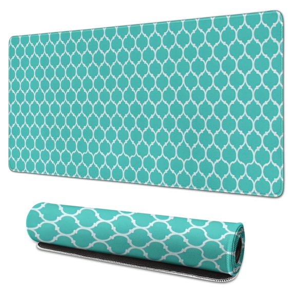 Long Mouse Pads for Desk,Turquoise Geometric Quatrefoil Pattern Desk Mats on Top Of Desks, Desk Mouse Pad Extra Large with 3mm Non-Slip Base and Stitched Edge for Gaming,Office,Work,Home 31.5"x15.7"
