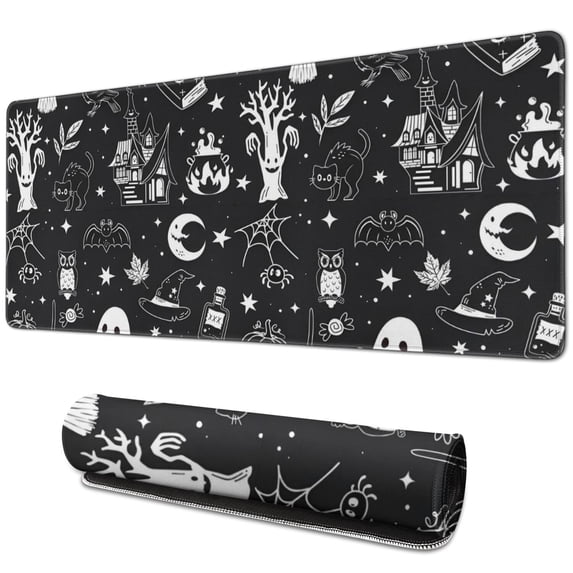 Long Mouse Pads for Desk,Vintage Halloween Elements Pattern Desk Mats on Top Of Desks, Desk Mouse Pad Extra Large with 3mm Non-Slip Base and Stitched Edge for Gaming,Office,Work,Home 31.5x11.8in